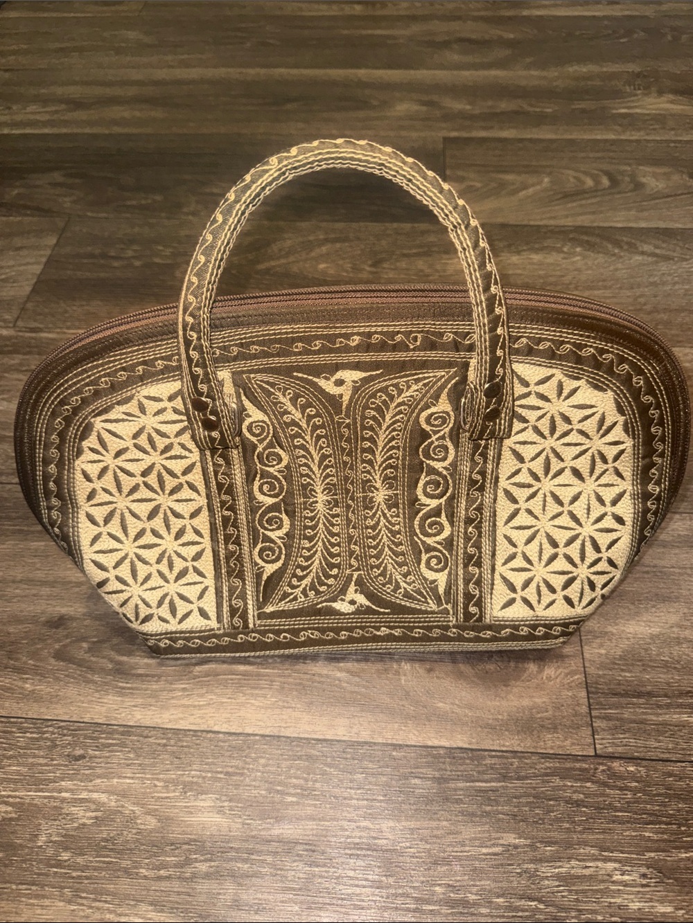 Embroidered Brown and Cream Patterned Tote Handbag